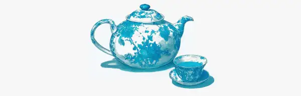 Blau-weiße Teekanne und Tasse mit floralem Muster. Die Epigallocatechingallat-Wirkung von grünem Tee ist bekannt für seine antioxidativen Eigenschaften.