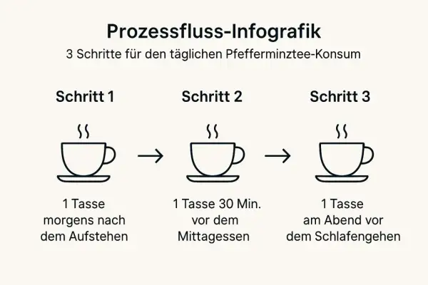 Infografik: 3 Schritte für täglichen Pfefferminztee-Konsum. Morgens, mittags und abends eine Tasse. Pfefferminztee hat kein Koffein.