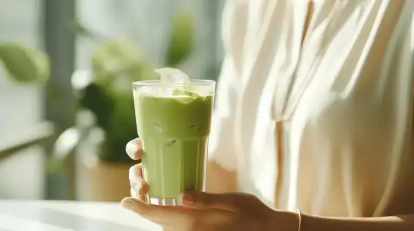 Erfrischender Eiskaffee mit Matcha. Die Wirkung von Matcha Tee auf Hormone ist ein spannendes Thema für Wohlbefinden.