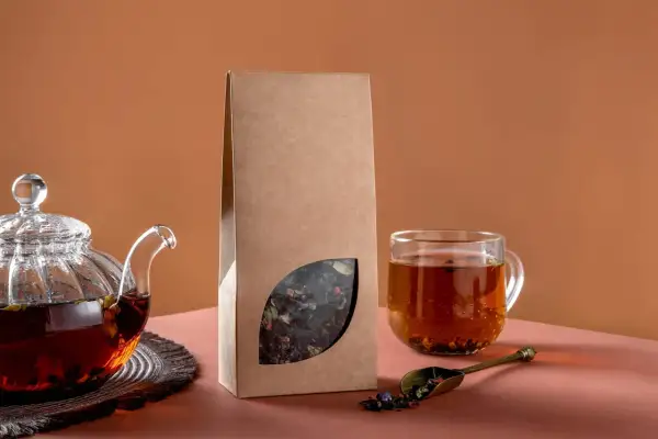 Glas-Teekanne mit braunem Tee, eine Packung mit losem Blatt-Tee und eine Tasse Tee. Perfekt für selbstgemachten Tee.