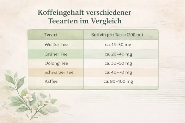 Vergleichstabelle: Koffeingehalt verschiedener Teesorten. Weißer Tee hat ca. 15-30 mg, grüner Tee ca. 20-40 mg, Oolong Tee ca. 30-50 mg, schwarzer Tee ca. 40-70 mg und Kaffee ca. 80-100 mg Koffein pro Tasse.