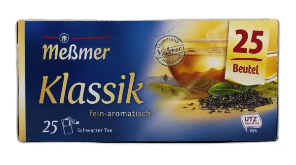 Meßmer Klassik schwarzer Tee, 25 Beutel. Die Frage "wie lange sind Teebeutel haltbar" beantwortet sich mit der Frische dieses Tees.