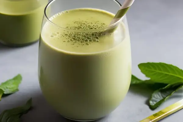 Ein cremiger, grüner Matcha Smoothie mit einer gestreiften Trinkhalm und frischen Minzblättern.