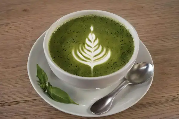 Ein cremiger Matcha Latte mit Latte Art, serviert auf einer Untertasse mit Löffel und grünen Blättern. Perfekt für ein Matcha Kaffee Rezept.