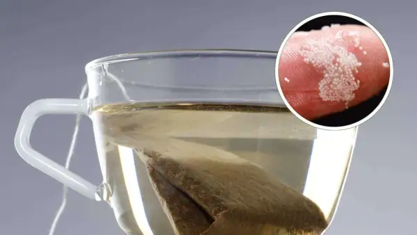 Teebeutel ungesund: Kleine Partikel lösen sich im Wasser, was auf mögliche Gesundheitsrisiken hindeutet.