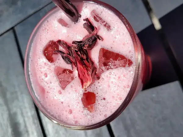 Erfrischendes Hibiskusgetränk mit Eis und getrockneten Blüten. Perfekt für leichte Hibiskus Rezepte.