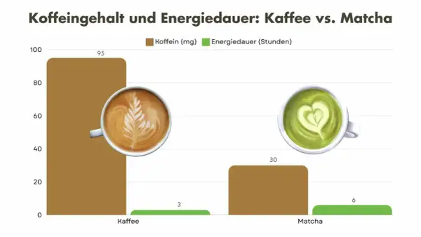 Kaffee vs. Matcha: Koffeingehalt und Energiedauer. Matcha gesund oder nicht? Kaffee hat 95mg Koffein, Matcha 30mg. Energiedauer: Kaffee 3h, Matcha 6h.